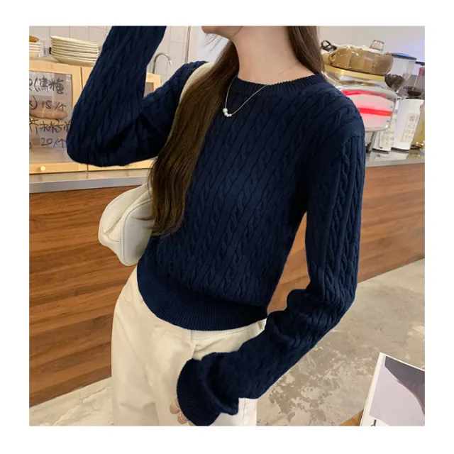 Ladies' Loose Twisted Round Neck Solid Color Sweater Navy Blue - Shop at LoveMi