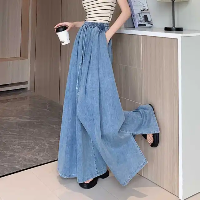 Wide Leg Slimming Mop Pants Women's Simple Washing Water Retro Blue - Shop at LoveMi