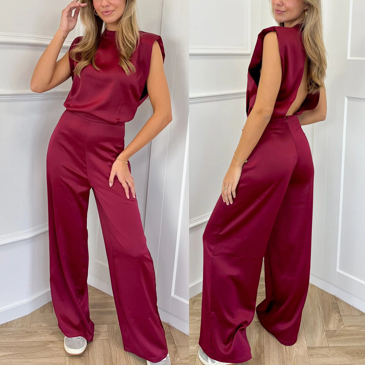 Stand-collar Sleeveless Loose-fit Satin Backless Wide-leg Jumpsuit