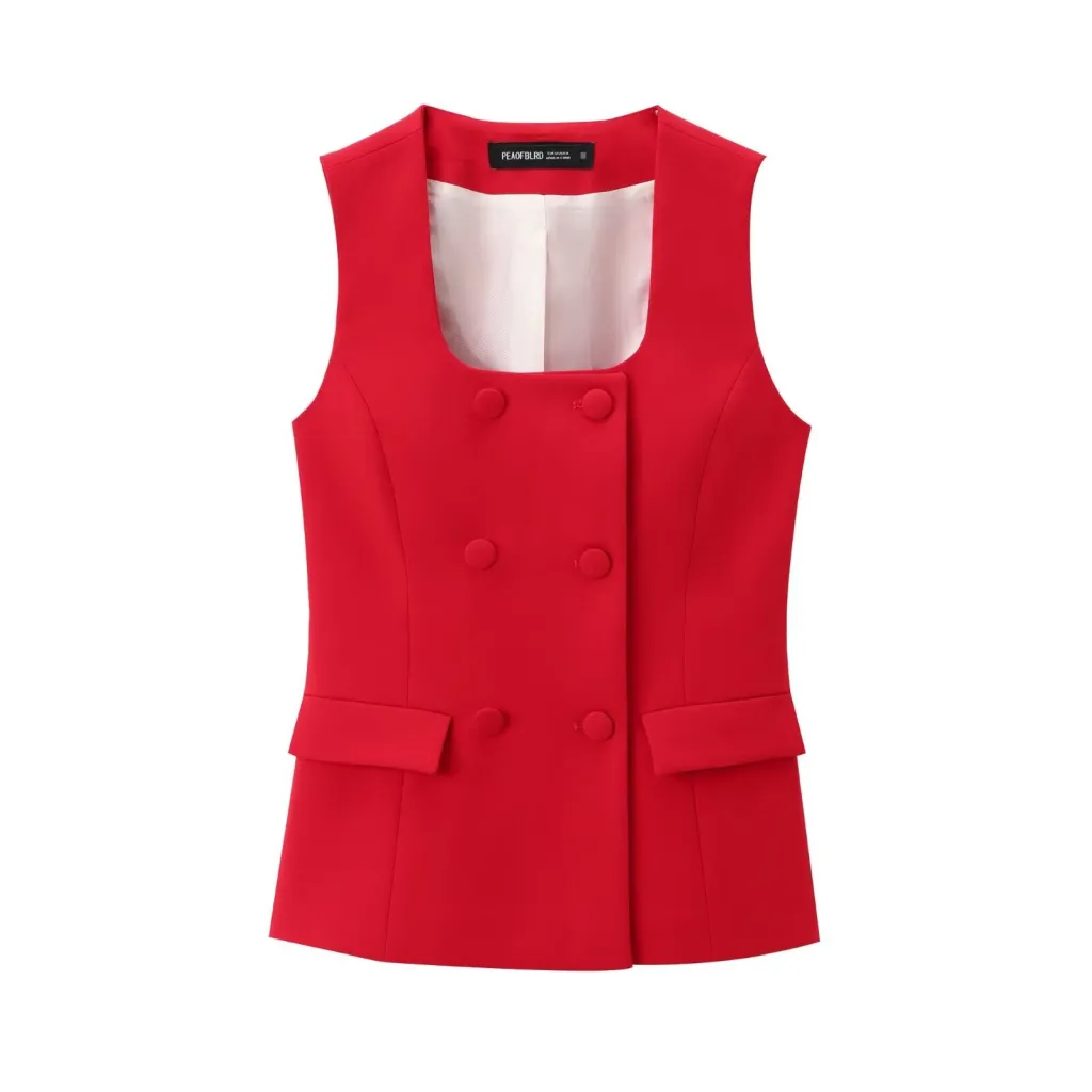 Fashion Button Decoration Vest Straight-leg Pants Suit - Red Vest