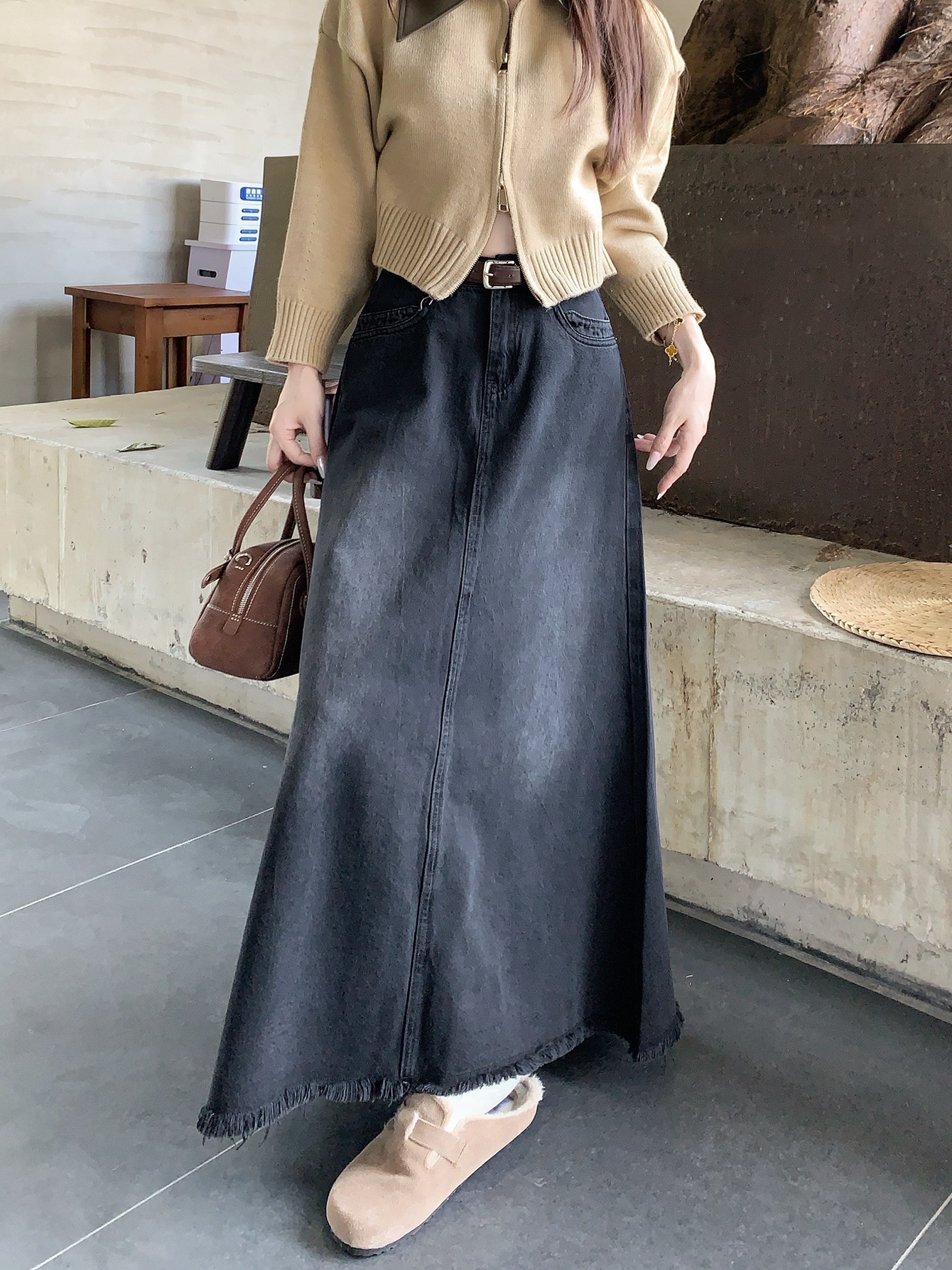 Spring And Autumn Korean Style High Waist Denim Midi Skirt Women's Retro Washed Frayed Edges B2cfdc1a 4a31 4b93 8f98 9209dcf0e84d