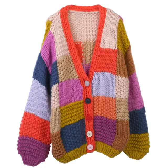 Sweater Contrast Color Knitting Needle Long Sleeve V neck Loose Orange - Shop at LoveMi