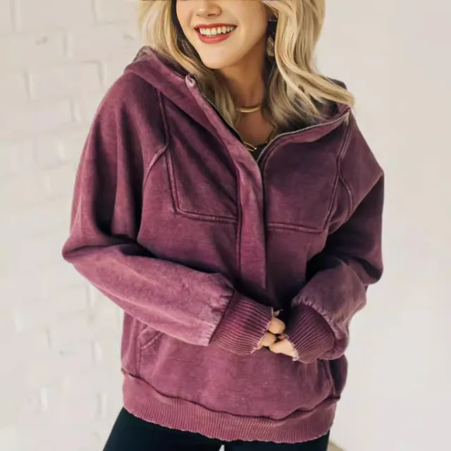 Women's Half Zipper Wash Hoodie Sweatshirt Sweater Purplish Red - Shop at LoveMi