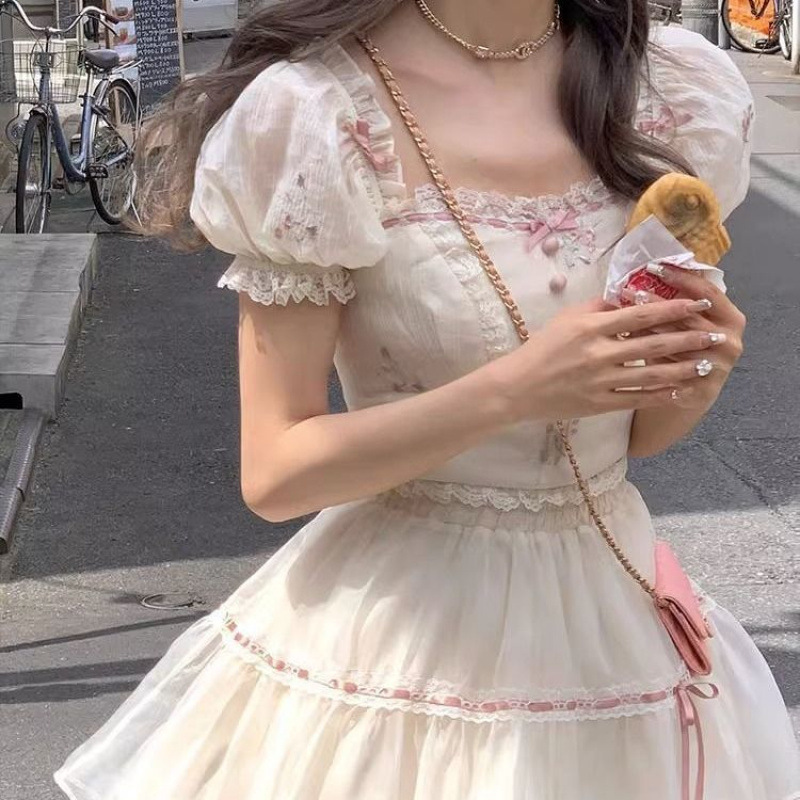 Female Sweet Square Collar Short Sleeve Top And Skirt Suit Set L - Shop at LoveMi