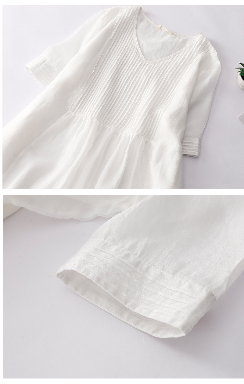 Women's Retro Design Organ Pleated Artistic And V-neck Ramie Cool Slimming Dress