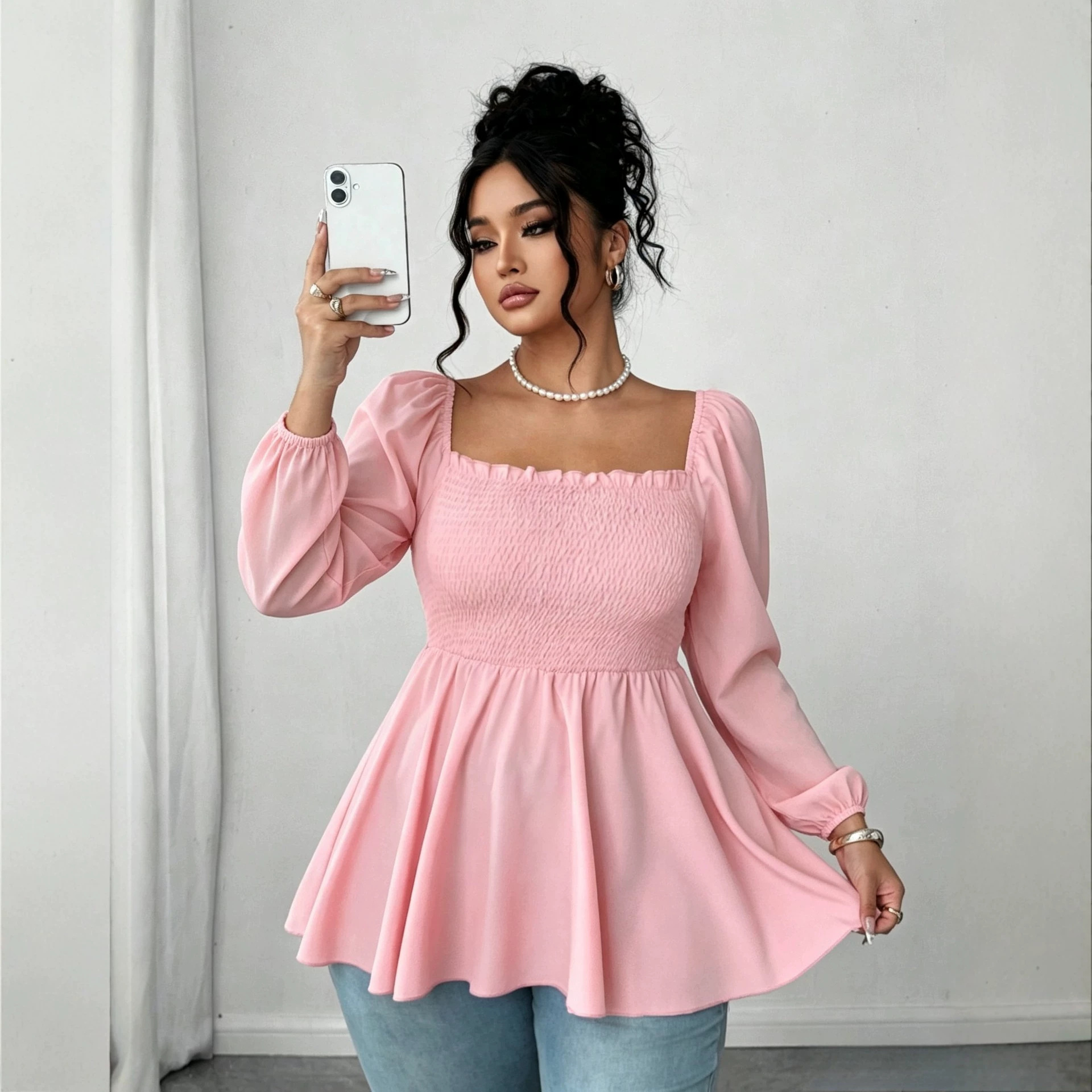 Women's Solid-color Casual Square-neck Pleated Blouse product image