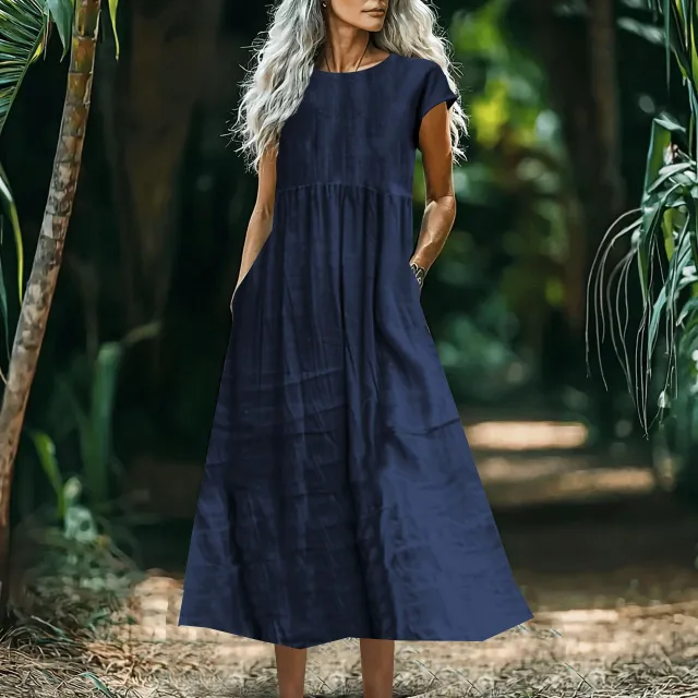 Women's Solid Color Loose Fitting All Match Cotton Linen Dress With Pockets Dark Blue - Shop at LoveMi