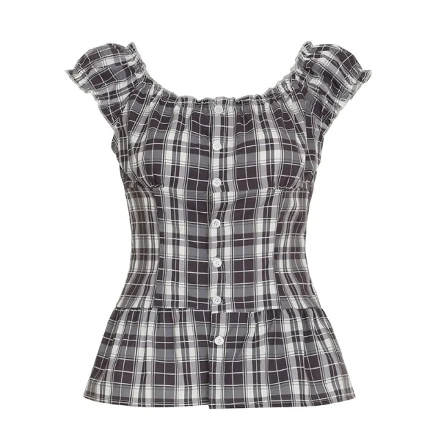 Square Collar Contrast Color Check Girlish Style Shirt Brown - Shop at LoveMi