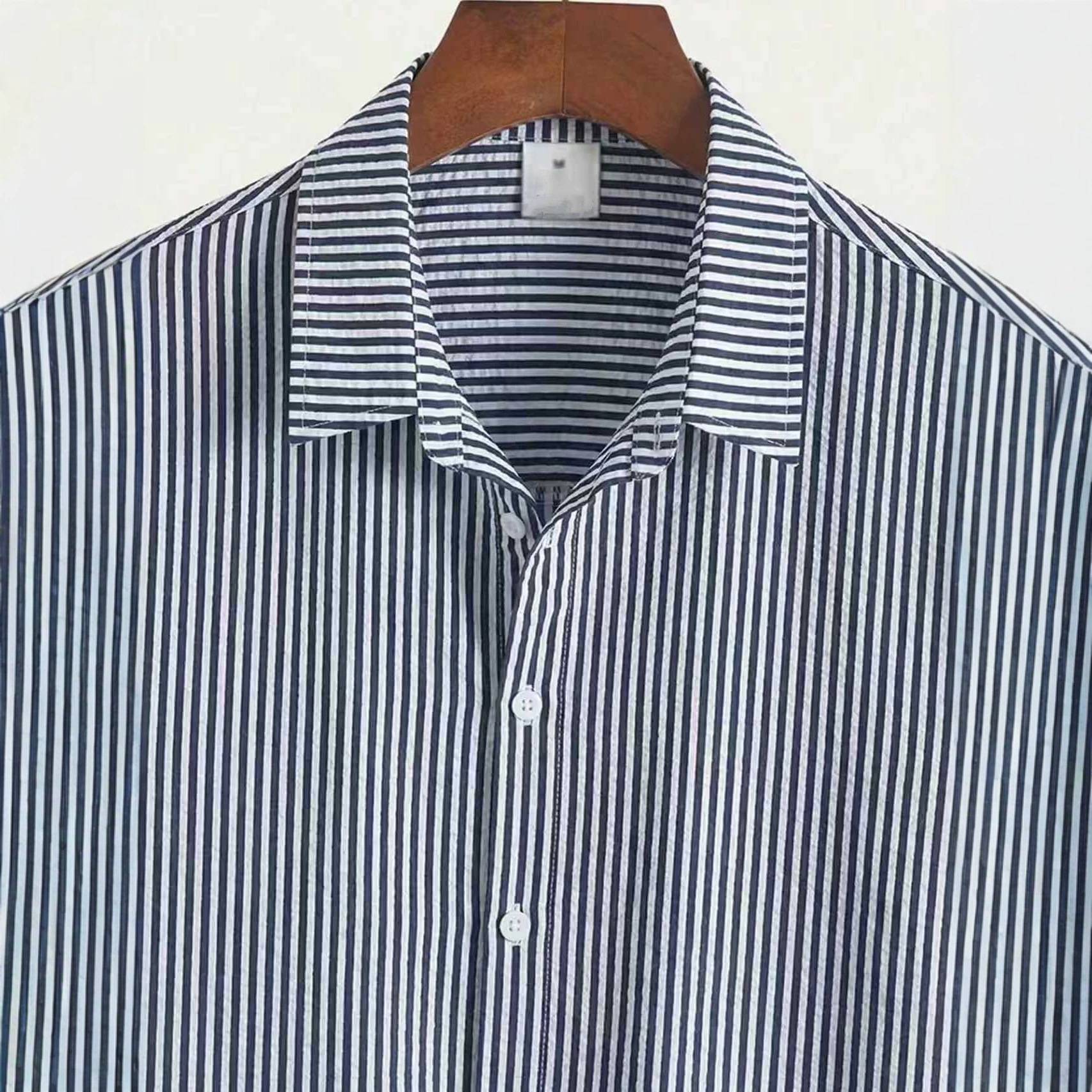 Mens Striped Short-sleeve Loose-fit Casual Shirt