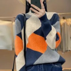 Long Sleeve Half Turtleneck Loose Diamond Colour Matching Knitted Bottoming Shirt - Blue Grey - View 1