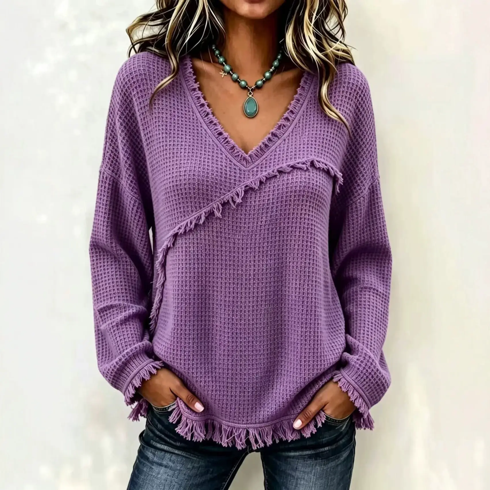 Loose V-Neck Tassel Long-Sleeve Solid-Color Casual Top