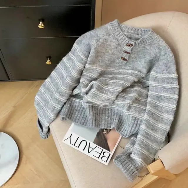 Women's Horn Button Striped Loose Preppy Style Sweater Light Gray - Shop at LoveMi