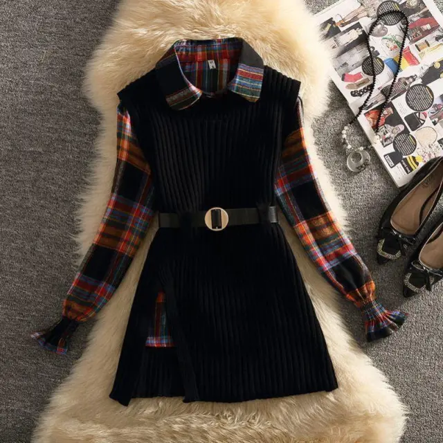 Women's Polo Collar Shirt Sweater Two piece Set Black And Red Suit - Shop at LoveMi