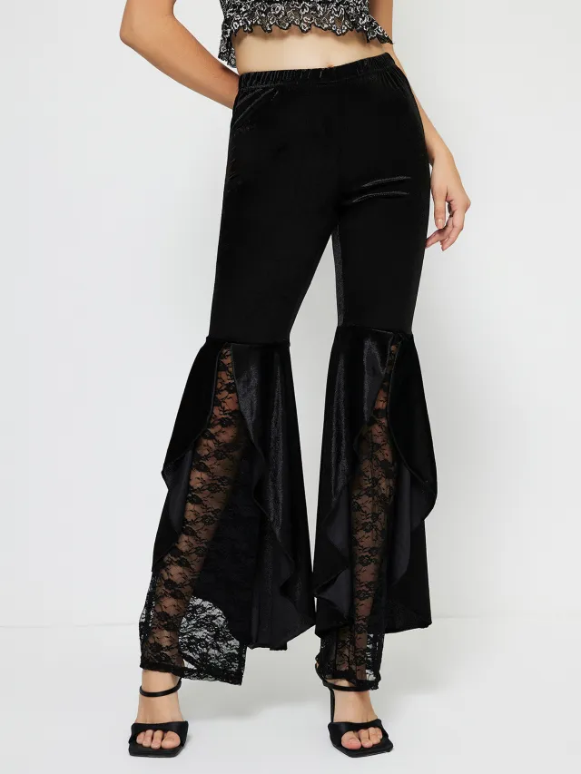 Women's Elegant Lace Casual Bell bottom Pants Black - Shop at LoveMi