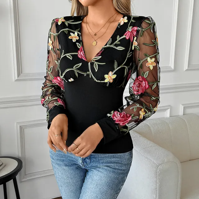 V neck See through Embroidery Stitching Long Sleeve T shirt Black - Shop at LoveMi