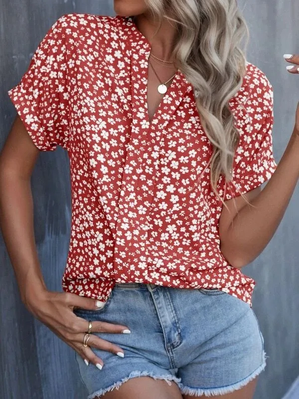 European And American Summer Floral Print Short Sleeve Shirt - Red And White