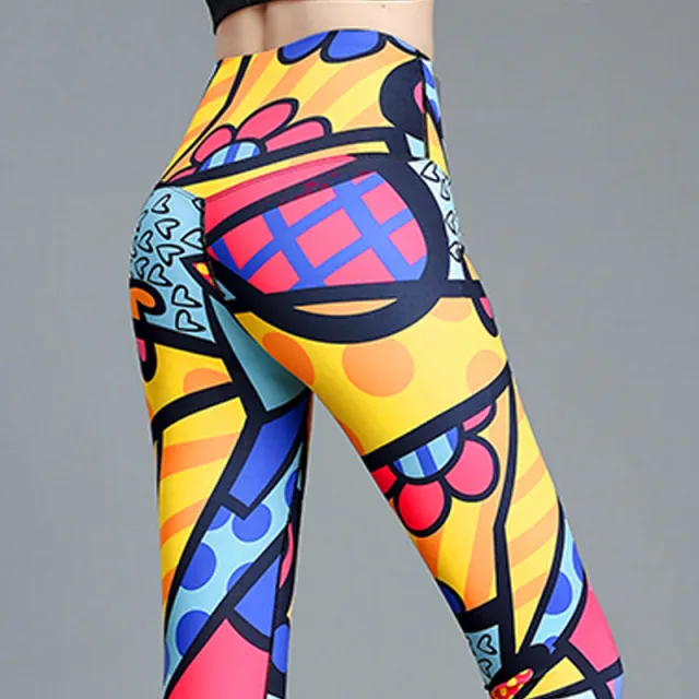 Printed Nude Feel Women's High Waist Hip Lift Quick drying Sports Skinny Yoga Pants Yellow - Shop at LoveMi