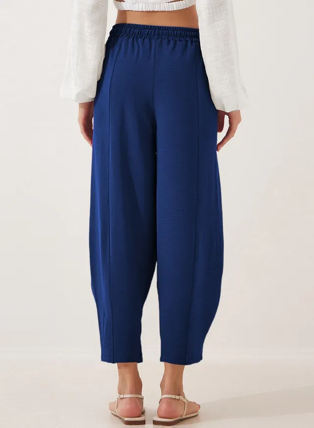 Pleated Mid waist Straight Loose Casual Cotton And Linen Cropped Pants Dark Blue - Shop at LoveMi