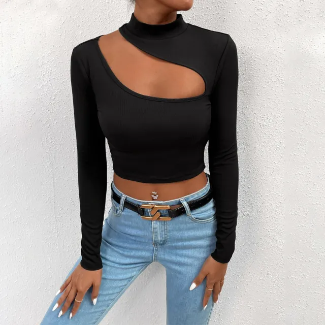 Women's Fashion Trend T shirt Autumn And Winter Slim fit Crop Top With Long Sleeves Black - Shop at LoveMi