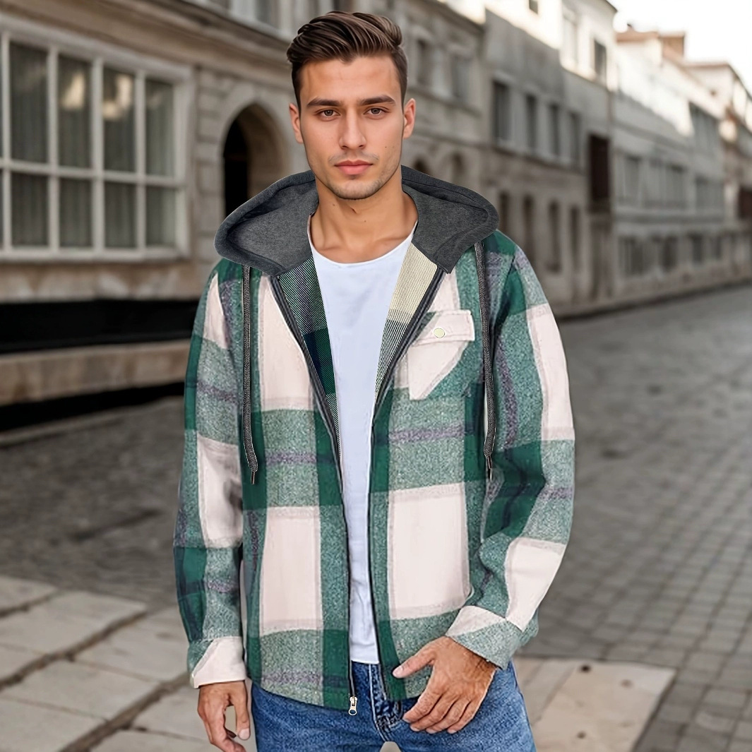 Men's Flannel Jacket Zipper Hooded Jacket
