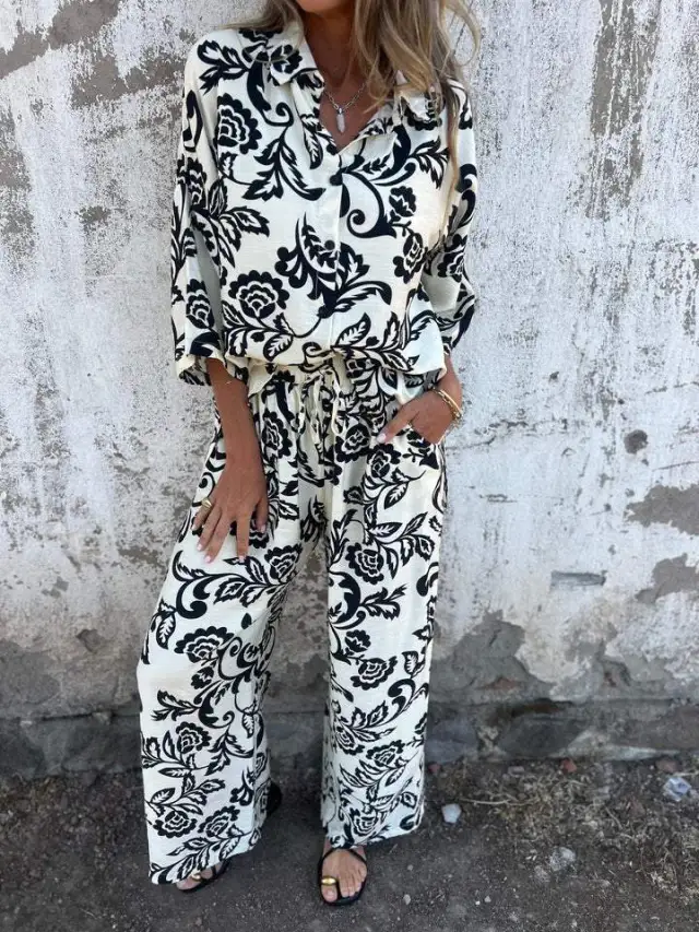 Casual Women's Printed Shirt And Trousers Two piece Set Black And White Printing - Shop at LoveMi
