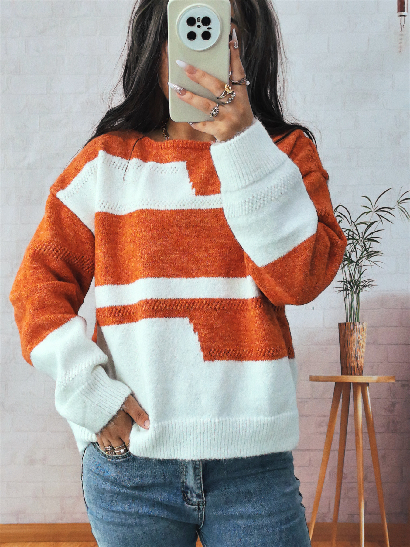 Simple Commute Irregular Contrast Color Round Neck Long Sleeve Sweater