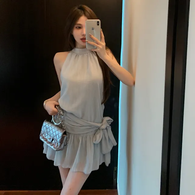 Chiffon Halterneck Vest Backless Short Skirt Blue - Shop at LoveMi