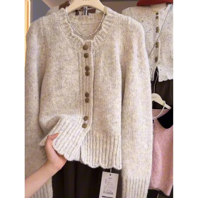 Fashion Round Neck Buttoned Knit Sweater For Women Oatmeal Color - Shop at LoveMi