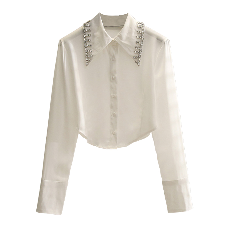 Long Sleeve Cardigan Short Rhinestone White Shirt White - Shop at LoveMi