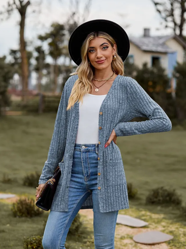 New Women's Brushed Sunken Stripe Solid Color Long Sleeve Women's Overcoat Blue - Shop at LoveMi