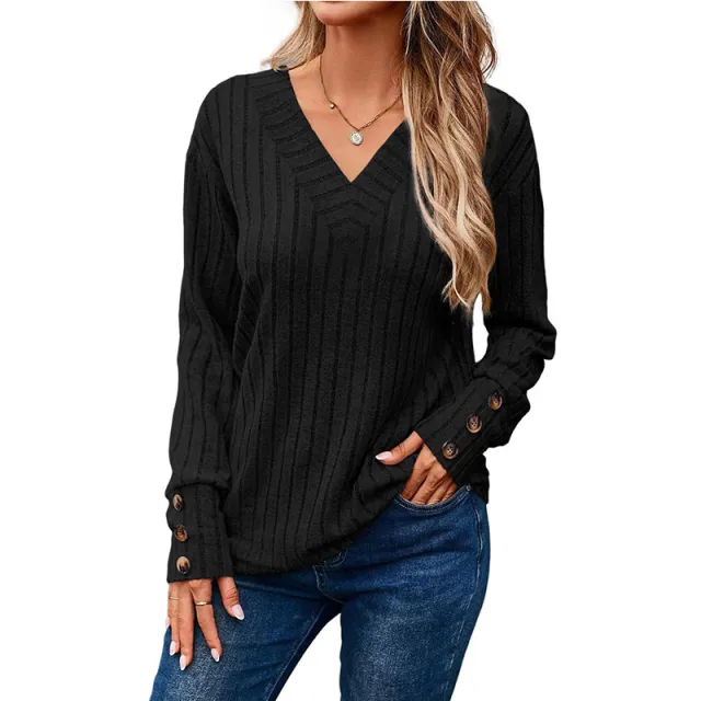 Women's Long sleeved Blouse Solid Color Buttons T shirt Black - Shop at LoveMi