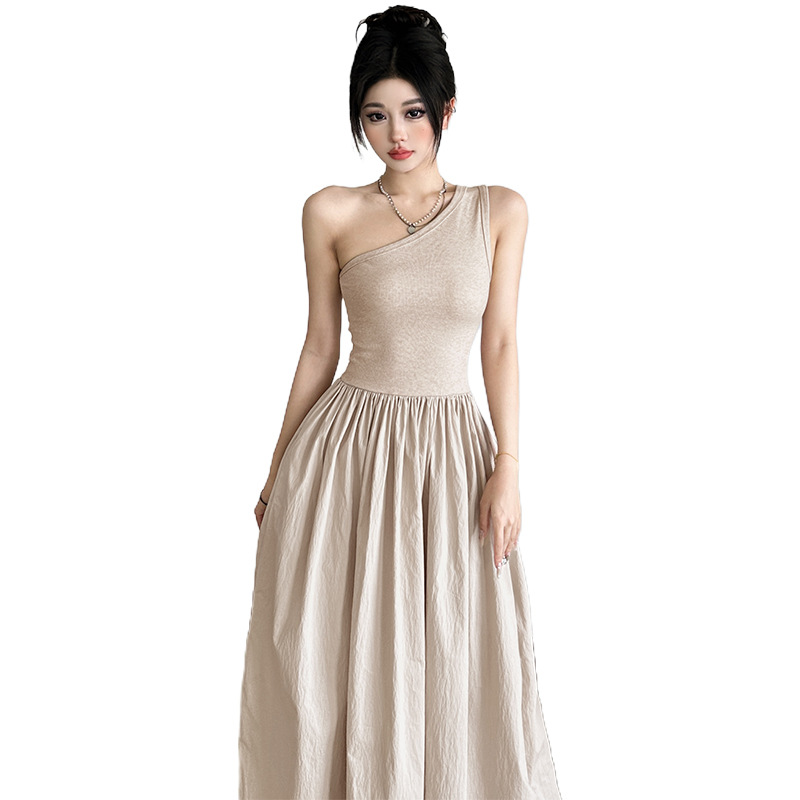 Fashion Women's Wear Waist Slant Shoulder Sleeveless Dress