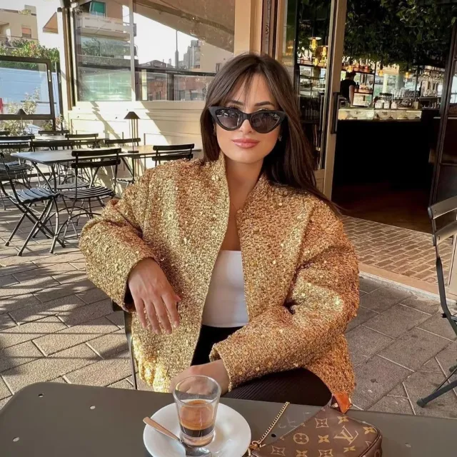Fashion Beads Decoration Stand up Collar Jacket Tan - Shop at LoveMi