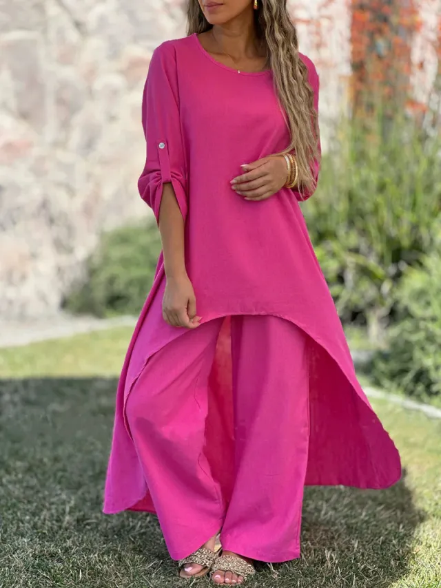 Women's Cotton And Linen Fashion Casual Plus Size Irregular Long Sleeve Wide Leg Pants Two piece Suit Red - Shop at LoveMi