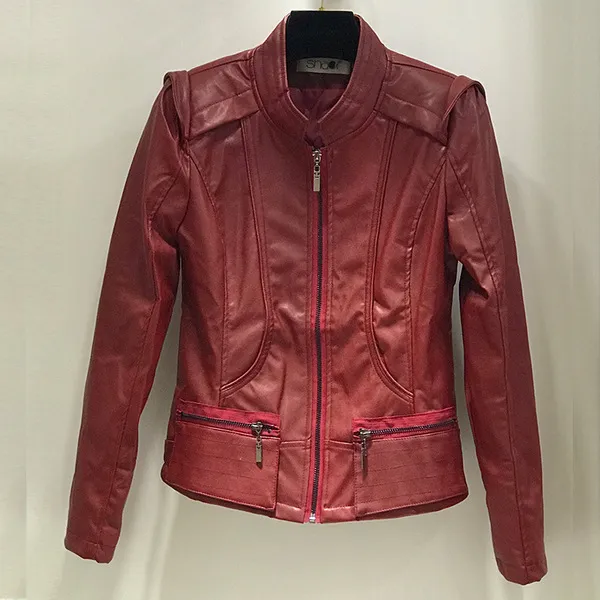 New Spring And Autumn Korean Style Motorcycle Stand up Collar Slim Fit Slimming Leather Coat Red - Shop at LoveMi