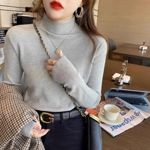 White Stand Collar Half Turtleneck Long sleeve Knitted Undershirt Milk Tea Color - Shop at LoveMi