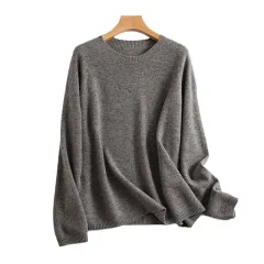 Women's Loose Slimming Round Neck Pure Wool Sweater - High Grade Gray - View 1