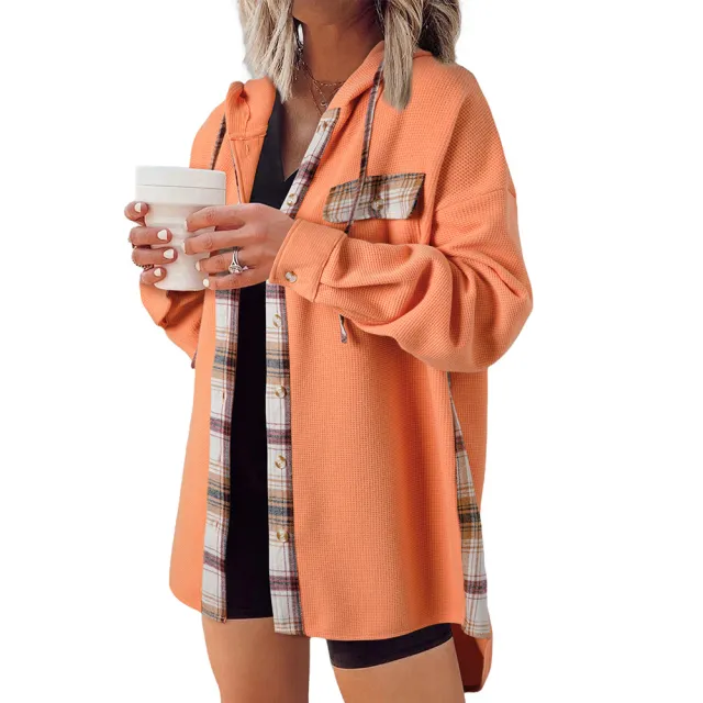 Plaid Casual Hooded Drawstring Coat Orange - Shop at LoveMi