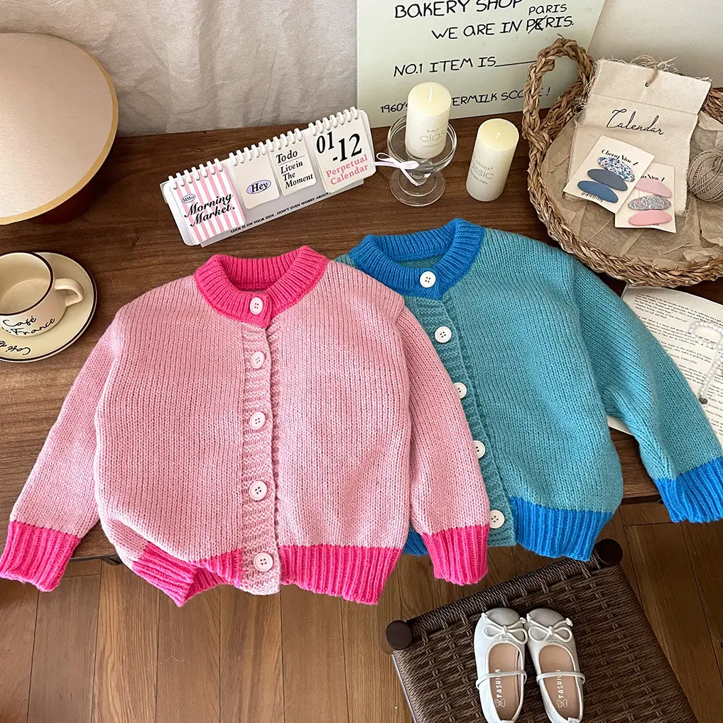 Girls' Coat Knitted Sweater Fashionable Contrast-color Loose-fit