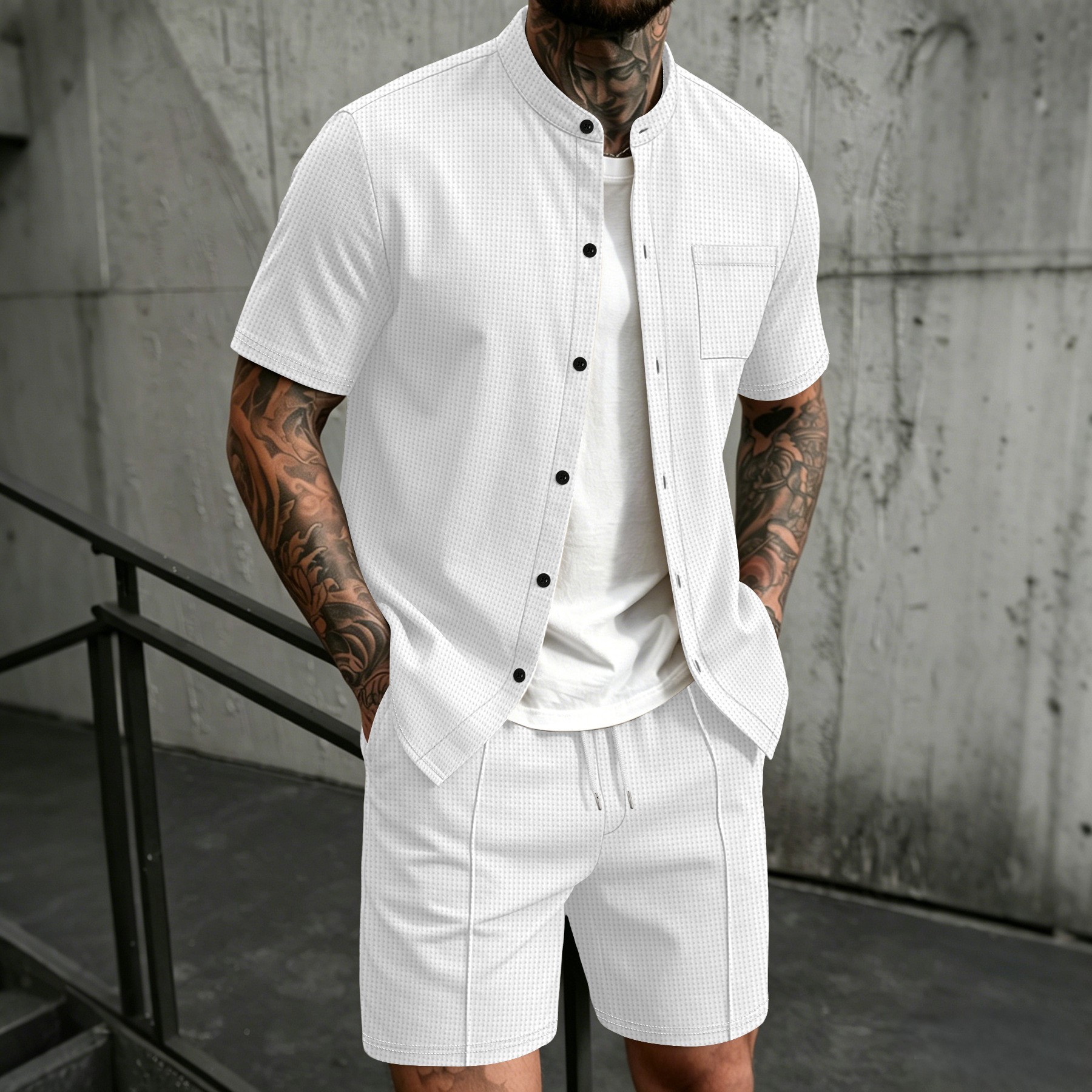Waffle-Weave Solid-Color Cardigan Short-Sleeve Mens Casual Stand-Collar Shirt And Shorts Set