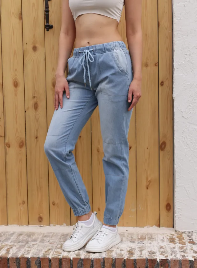 Casual Jeans Light Blue Elastic Waist String Trousers Light Blue - Shop at LoveMi