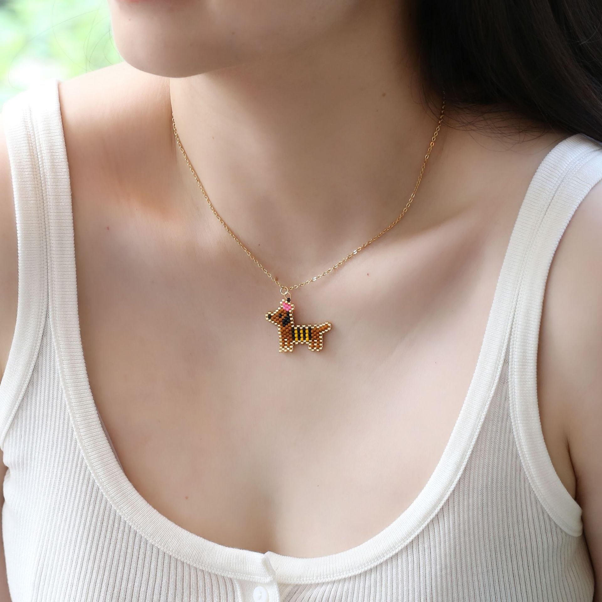 Handmade Beaded Dog-Shape Pendant Stainless Steel Necklace For Women
