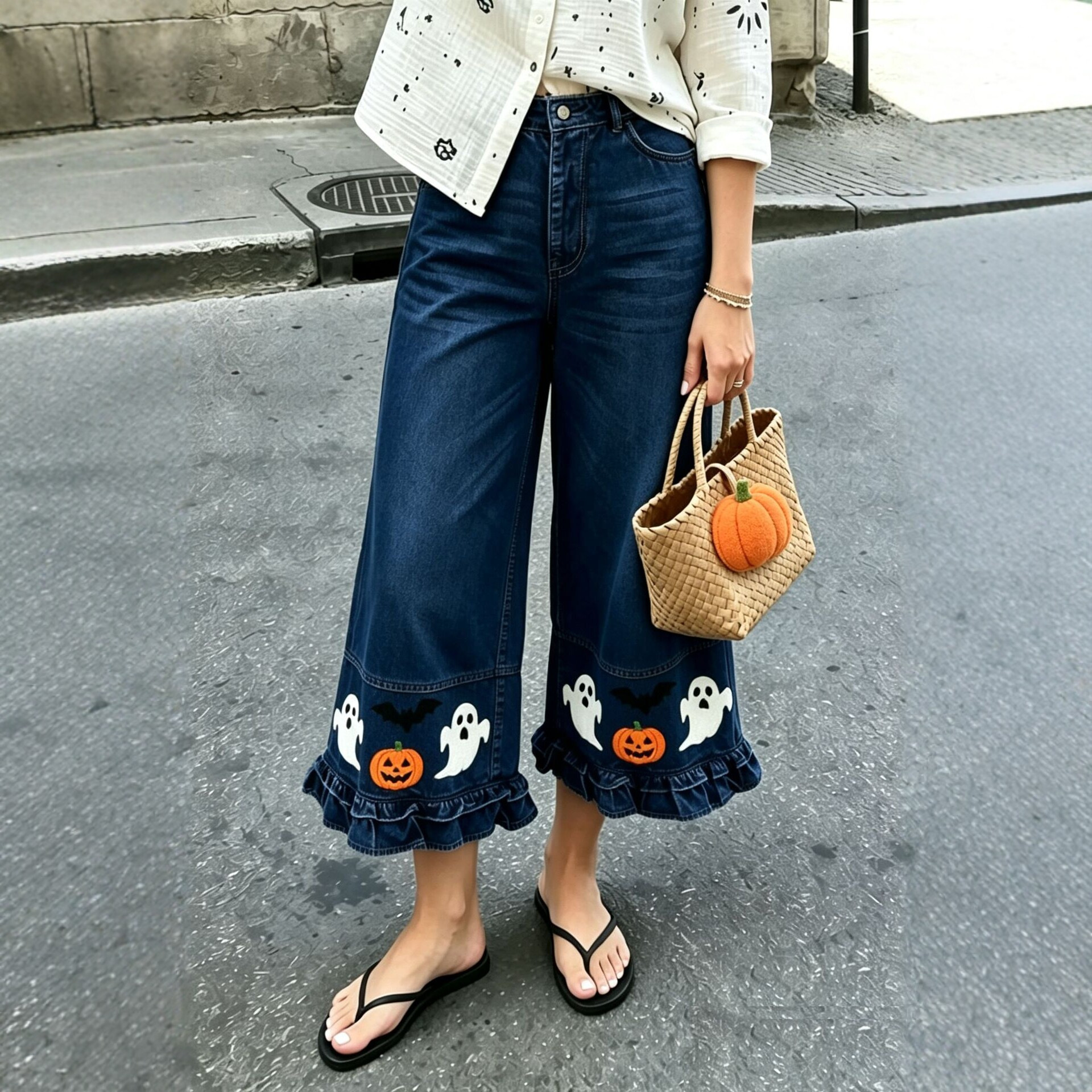 Womens Wide-leg Cropped Lace-trimmed Pumpkin Jeans