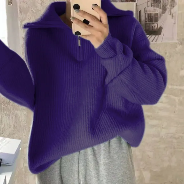 Women's Solid Color Loose Zipper Lapel Stand Up Sweater Purple - Shop at LoveMi