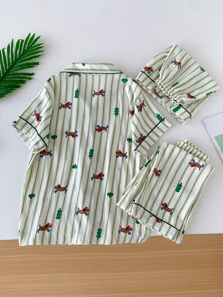 Striped Pajamas Women's Cotton Short-sleeved Three-piece Suit