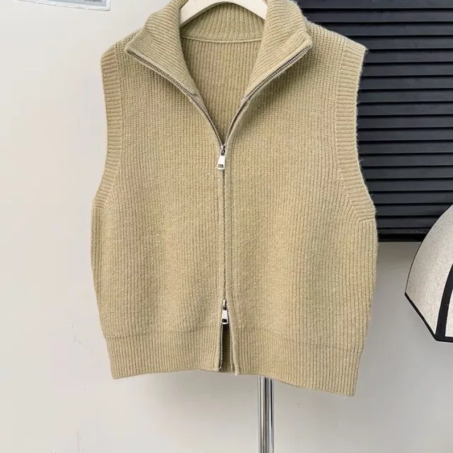 Casual Solid Color Loose Fit Zippered Knitted Vest For Layering Khaki - Shop at LoveMi