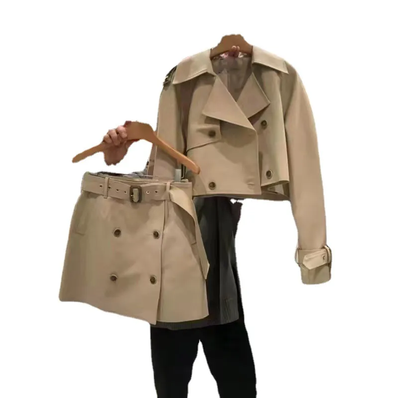 Fashion Short Suit Skirt Long-sleeved Coat Short Skirt Two-piece Suit For Women - Khaki