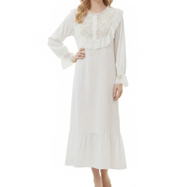 Long sleeved Loose fitting Plus size Long French style Cozy Nightgown White - Shop at LoveMi