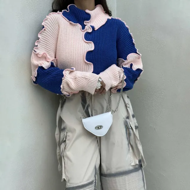 Fashionable Stringy Selvedge Large Color Block Contrast Color Sweater Pink - Shop at LoveMi