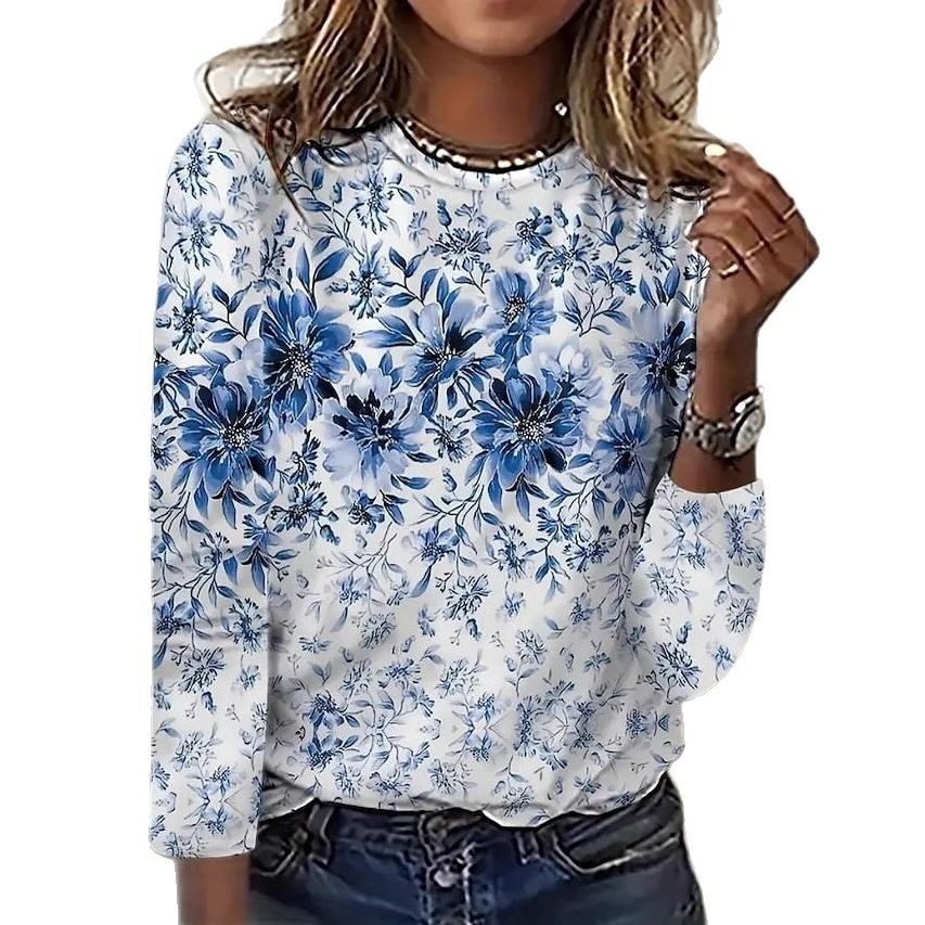 Womens Casual T Shirt With 3D Printed Crew Neck And Long Sleeves